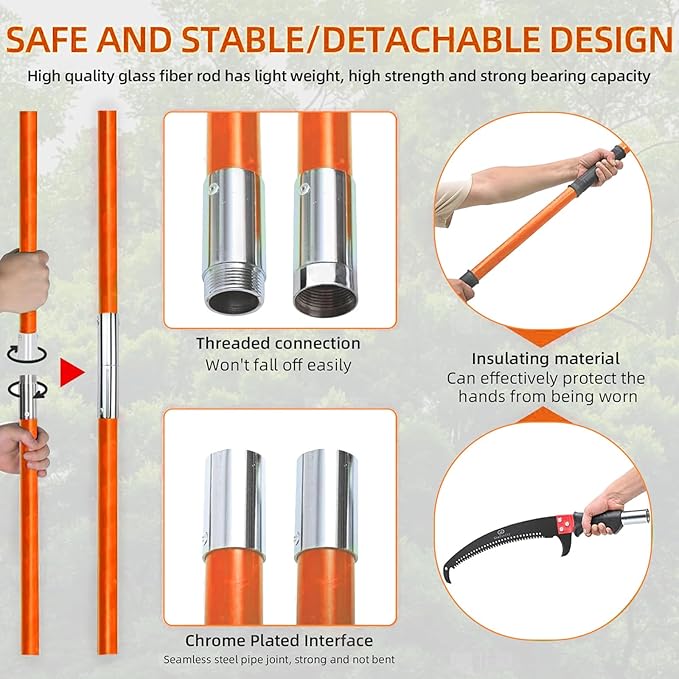 Manual Pole Saw for Tree Trimming, 27 FT Manual tree purner with 8-Section Fiberglass Handle, Sharp steel Blade, Easy to Carry and Extendable Design for Tree Maintenance, Orange