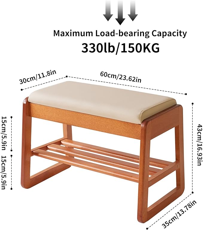 Wood Shoe Bench with Flip-Top Storage,2-Tier Entryway Shoe Bench,23.62in Shoe Rack with Cushion for Living Room,Cherry Wood Color YD-WD060C