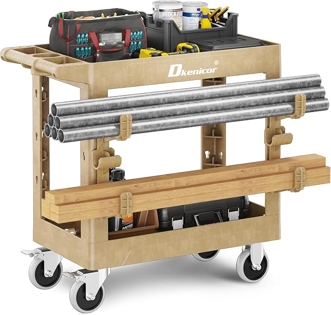 Utility Cart with Max 850Lbs Capacity, 34" x 17" Heavy Duty Rolling Utility Cart, 2 Side Hooks, 360° Swivel Wheels (2 with Brakes), 2 Tier Service Cart for Warehouse/Garage/Garden - Wood Color