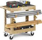 Utility Cart with Max 850Lbs Capacity, 34" x 17" Heavy Duty Rolling Utility Cart, 2 Side Hooks, 360° Swivel Wheels (2 with Brakes), 2 Tier Service Cart for Warehouse/Garage/Garden - Wood Color