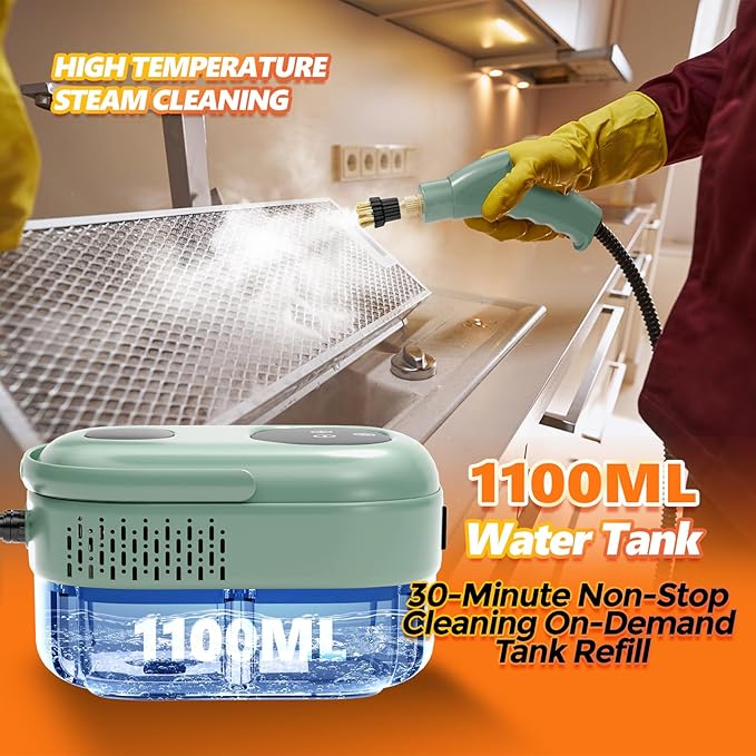 Steam Cleaner Handheld, 2500W High Pressure Steamer for Cleaning, Multi-Purpose Steamer for Home Use with 1.1L Water Tank, Car Steamer, Portable steamer for Kitchen, Furniture, Grout, Tile (Green)