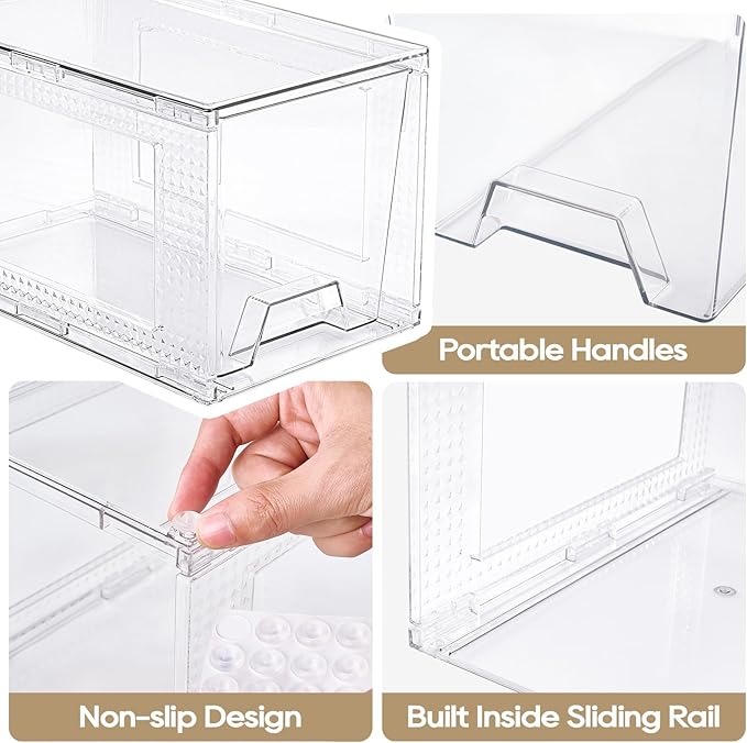JollyPack 4 Pack Clear Stackable Storage Drawers, Easy to Assemble Multi-Use Bathroom Organizers and Storage, Suitable for Vanity, Bathroom, Makeup, Under Sink, Office, Kitchen and Pantry