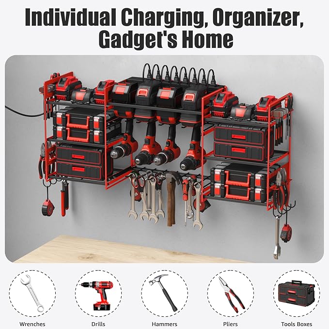 CCCEI Red Power Tool Organizer Wall Mount, Large Tools and Battery Storage Rack Charging Station Individual Switches. Drills Holder, Garage Utility Shelves with 6FT Power Strip. Gift for Men.
