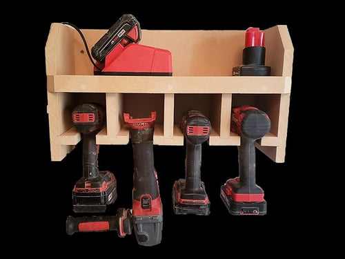"Generic" Cordless Tool Shelf Holds 4 Drills, Impact Drivers and Others, with Charger/Battery Shelf