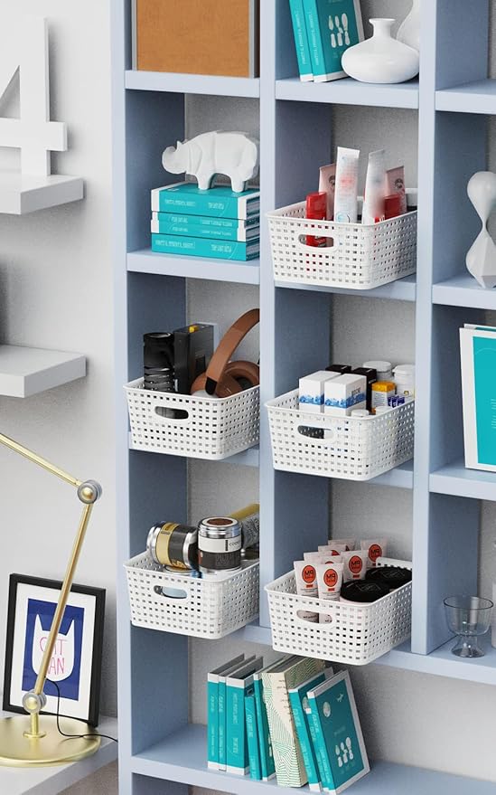 Woven Plastic Storage Baskets, 6 Pack White Weave Bins Organizer, 10.1" x 7.55" x 4.1"