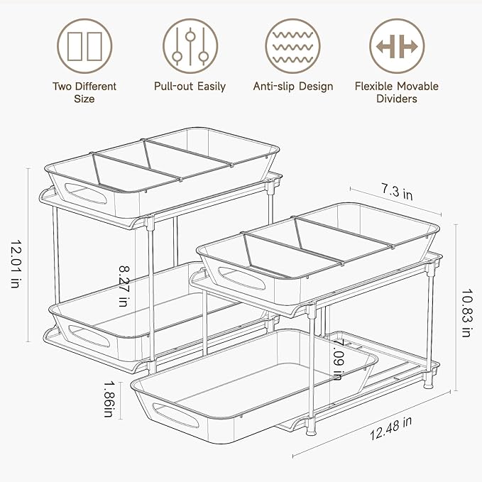 2 Sets of Under Bathroom Sink Organizer, 2-Tier Multi-Purpose Clear Medicine Cabinet Organizer, Pull Out Home Organization Must Haves 2025 with Movable Dividers