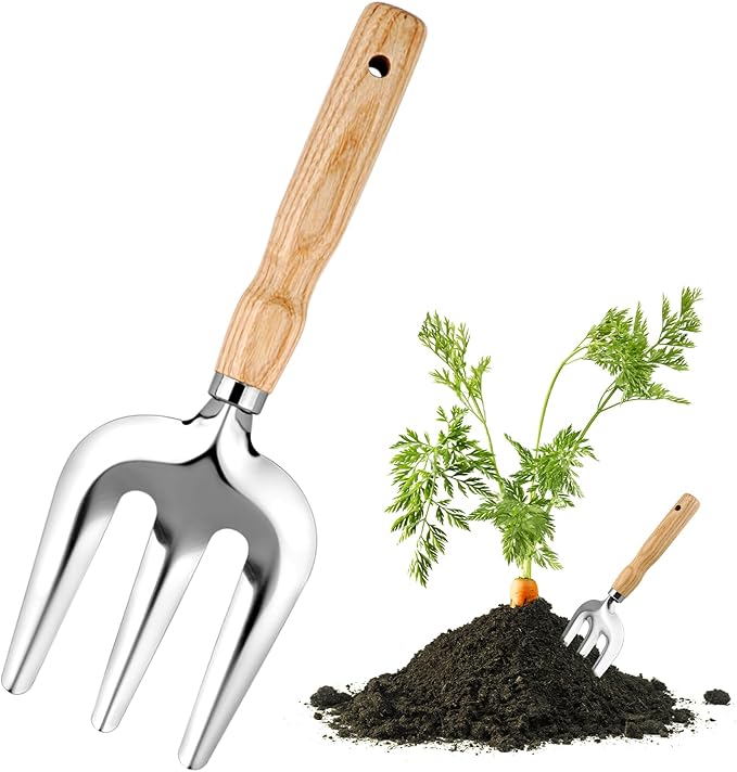 Metal Hand Cultivator Garden Tool with Wooden Handle，Manual Pitch Fork，Weed Digger Hand Tool (StyleC- 3 Pointed)