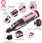 WORKPRO Pink 12V Cordless Rotary Tool Kit, 5 Variable Speeds, Powerful Engraver, Sander, Polisher, 114 Easy Change Accessories, Craft Tool for Handmade and DIY - Pink Ribbon