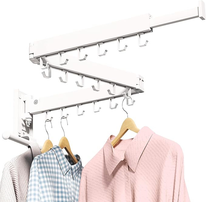 Drying Rack, Wall Mounted Clothes Rack, Aluminum, 220lbs Capacity, Foldable, White