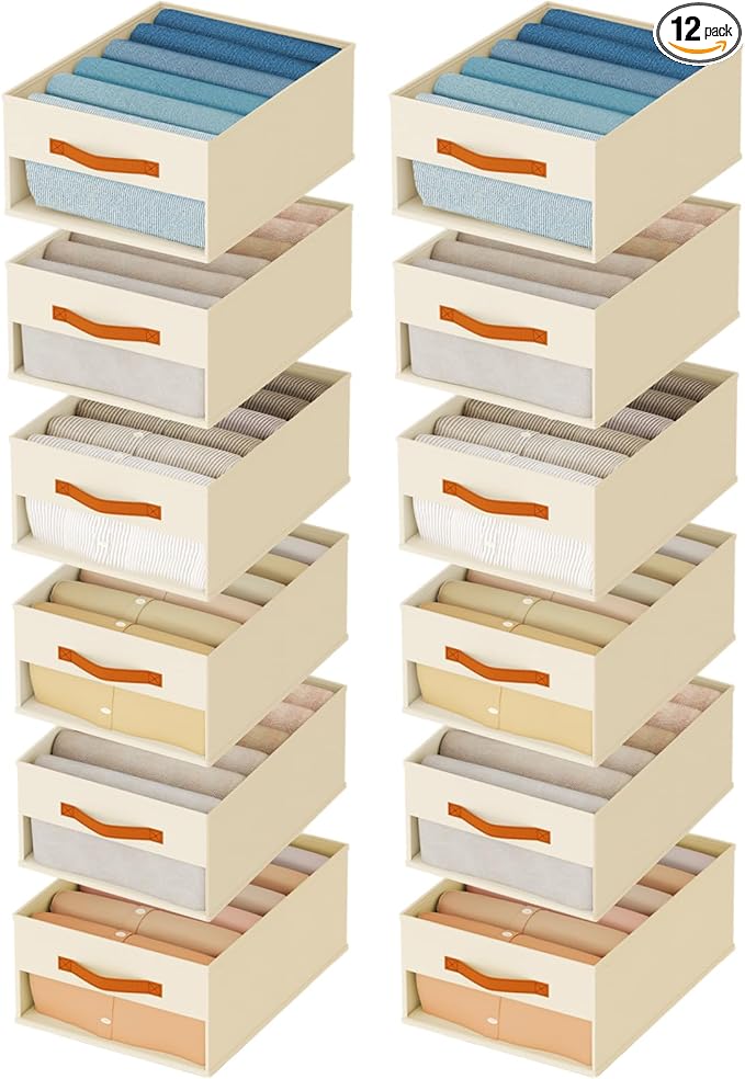 Homsorout Drawer Organizers and Storage - 12 Pack Foldable Pants Organizer with Clear Window & Handles, Fabric Closet Organizer for Clothes, Jeans, Sweaters, Towels, T-shirt, Scarf (Beige)