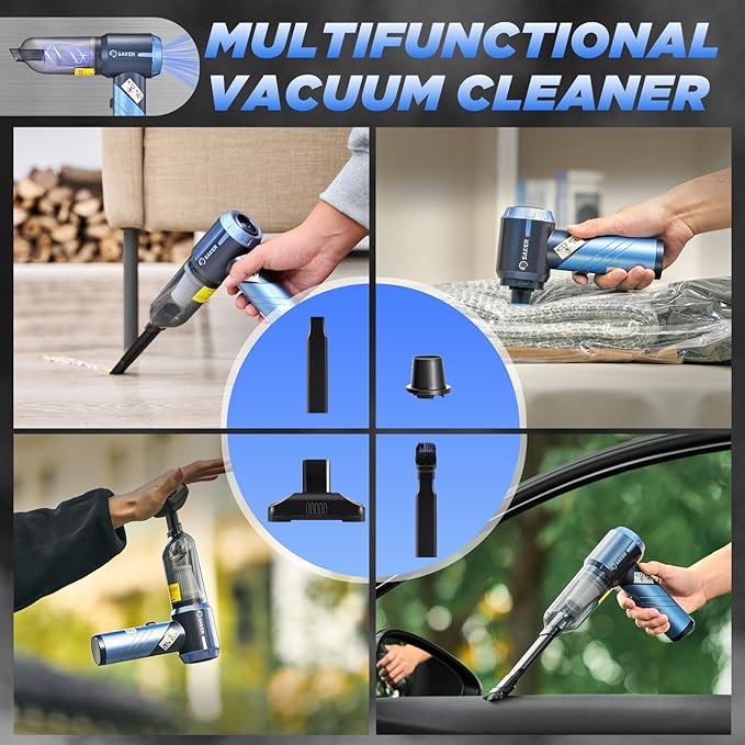 Saker Portable Car Vacuum Cleaner Cordless High Power 17000PA 3 in 1 Foldable Handheld Vacuum Cordless with Brushless Motor for Inflation,Dust Blowing,Home Car Cleaning HL132 Blue