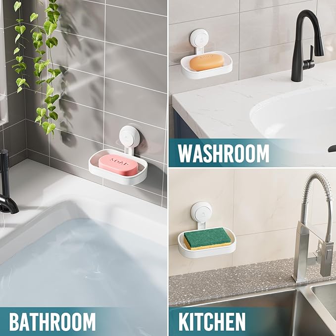 TAILI Soap Dish Soap Holder Suction Cup Powerful Vacuum Suction, Strong Sponge Holder for Shower, Bathroom, Tub and Kitchen Sink, Drill-Free, Removable