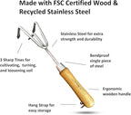 Garden Guru Eco Hand Cultivator Rake Tiller Tool- 100% Recycled Stainless Steel - Rust Resistant - FSC Certified Wood Ergonomic Handle - Great for Gardening Cultivating Loosening Weeding