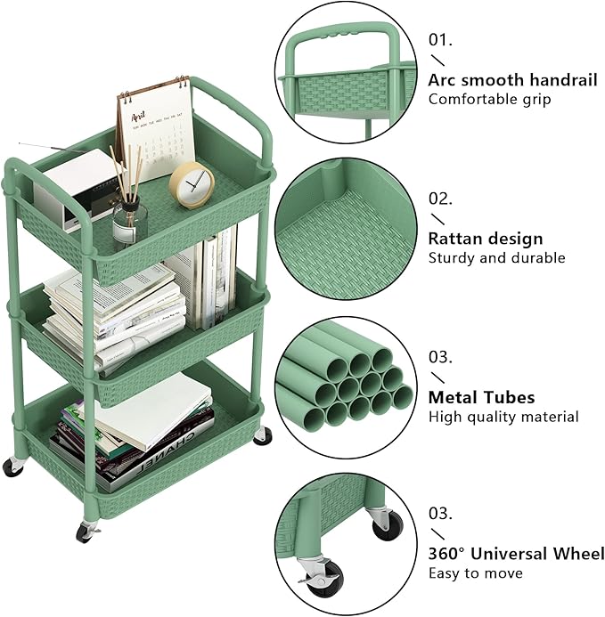 MOYIPIN 3-Tier Plastic Rolling Utility Cart with Handle,Utility Storage Cart for Office, Living Room, Kitchen,Movable Storage Organizer Shelves,Green