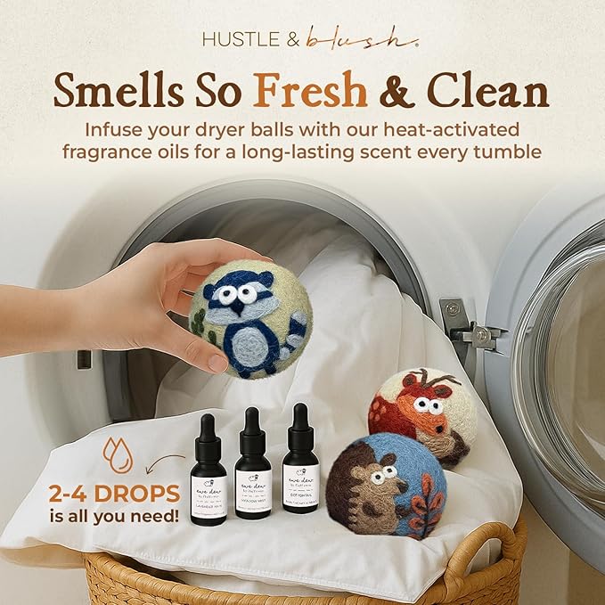 Hustle & Blush Fluff Ewes Wool Dryer Balls 3 Pack - XL Hedgehog and Homies Premium New Zealand Laundry Set, Reduces Drying Time, Static Control, Chemical Free, Ideal Holiday Gifts for Women & Men