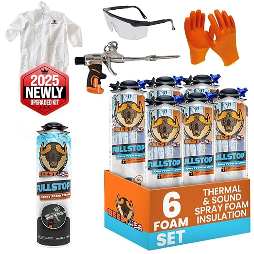 BEEST FullStop Spray Foam Insulation Kit for Walls and Attic - 120 Board ft/sq.ft. Perfect Heat & Acoustic Insulation for Reduced Energy Bills - 6X Spray Foam Can, Cleaner, Pro X Gun & Safety Gear