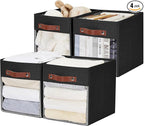 Storage Cube Organizer with Clear Window, Linen Collapsible Storage Boxes with PU Handles, Cube Storage Bins for Shelf, Closet, Cabinet, Bookcase (10.5x10.5x11, Black)