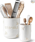 LE TAUCI Utensil Holder for Kitchen Counter - 6.9"+5.3" Ceramic Kitchen Utensil Holder Set of 2, Large Cooking Utensil Crock & Organizer for Spatula, Spoon - Embossed Kitchen Decor, White,Bee