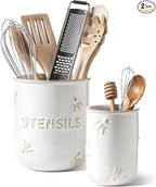 LE TAUCI Utensil Holder for Kitchen Counter - 6.9"+5.3" Ceramic Kitchen Utensil Holder Set of 2, Large Cooking Utensil Crock & Organizer for Spatula, Spoon - Embossed Kitchen Decor, White,Bee