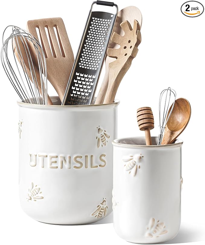LE TAUCI Utensil Holder for Kitchen Counter - 6.9"+5.3" Ceramic Kitchen Utensil Holder Set of 2, Large Cooking Utensil Crock & Organizer for Spatula, Spoon - Embossed Kitchen Decor, White,Bee