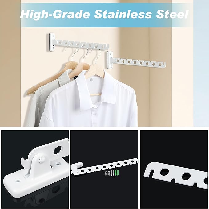 Alise Folding Clothes Hanger Rack, Stainless Steel Wall Mounted Drying Rack, Space Saving Laundry Hanging Rack for Laundry Closet Bedroom Bathroom, Brushed White