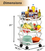 Kitchen Storage Cart, Foldable Rolling Organizer with Wheels White 3 Tiers Compact Shelf for Pantry, Bathroom, Bedroom, 14.17" L x 10.71" W x 21" H