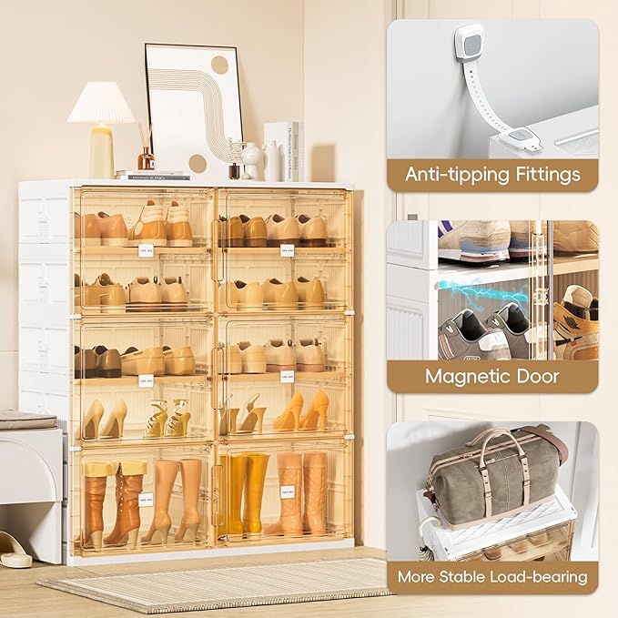 JEKO&JEKO 7-Tier Foldable Shoe Storage Box with Magnetic Doors, Large Stackable Shoe Organizer Cabinet for Entryway, Clear Front Door Shoe Boxes Hold Up to 28 Pairs (White)