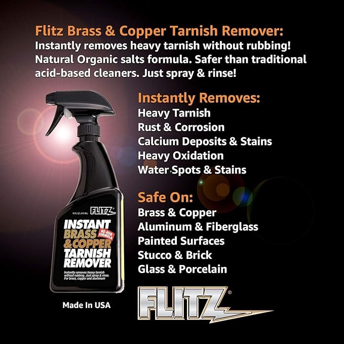Flitz Instant Brass and Copper Tarnish Remover - 16oz Bottle of USA-Made Organic Rust Remover Spray (No-Rub) - Removes Stains & Oxidation from Glass & Aluminum - Brass Cleaners That Work (3 Pack)