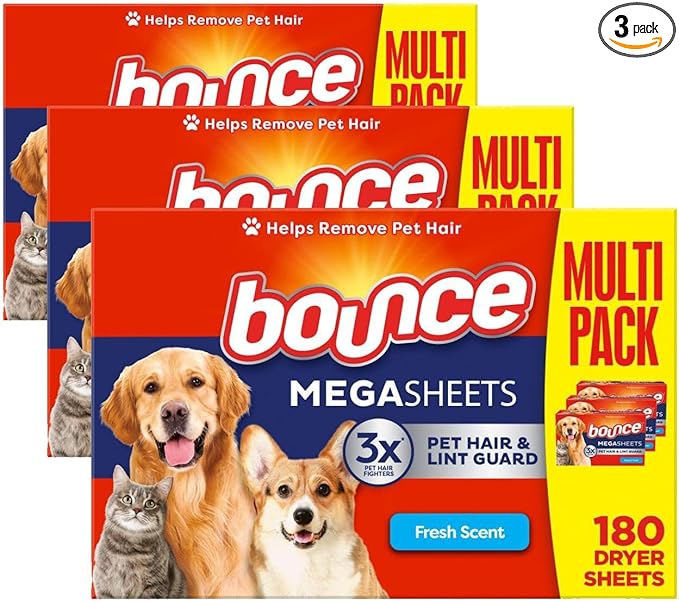 Bounce Pet Hair and Lint Guard Fabric Softener Dryer Sheets | Fresh Scent | 3X Pet Hair Fighters | Mega Sheets | 180 Count, Pack of 3