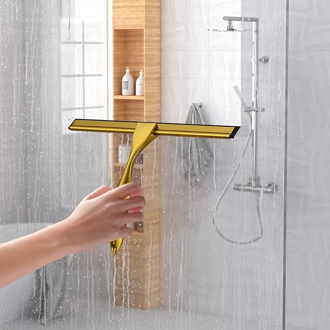 Shower Squeegee Set, 10-Inch Stainless Steel Squeegee for Bathroom, Shower Doors, Mirrors, Tiles, and Car Windows - 100% Streak Free, Includes Shower Door Hook, Adhesive Hook and Spare Silicone Blade