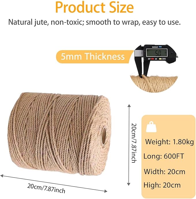 5mm 600 Feet Heavy Duty Jute Twine – Thick Twine Rope for Garden Support, Baling & Bundling, Strong String for Hanging, Macrame, Cat Scratch Post, Nautical Outdoor Crafts