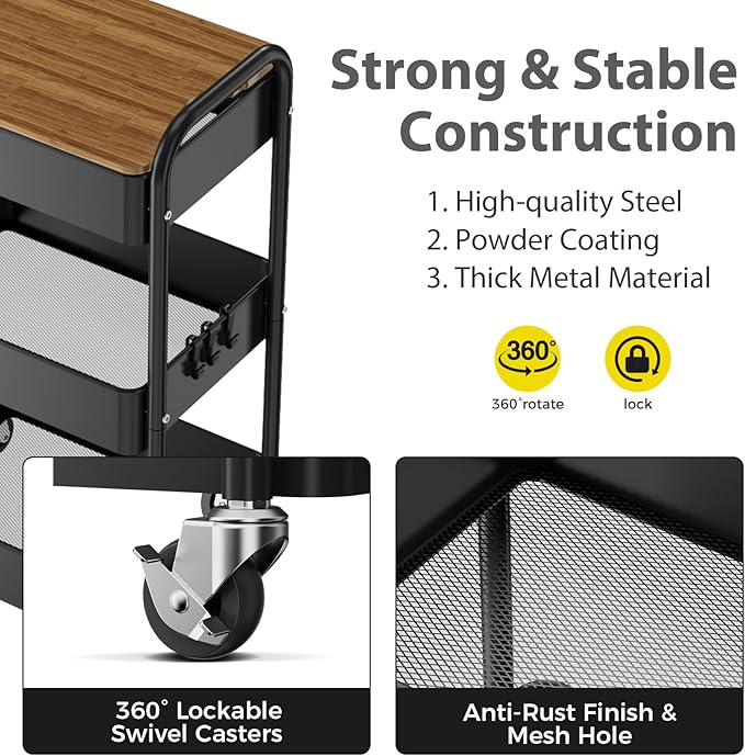 3 Tier Rolling Cart with Table top, Metal Utility Cart, Sturdy Storage Organizer Cart with Locking Wheels & Hooks for Office, Classroom, Kitchen and Bathroom