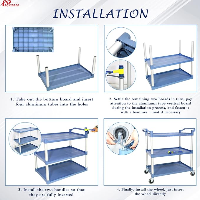 AQNIEGEP Utility Cart with Wheels, 510lbs Heavy-Duty Food Kitchen Cart & Rolling Service Cart for Restaurant Commercial Office, Lockable Wheels & Tool-Free Assembly, 3-Tier, Grey