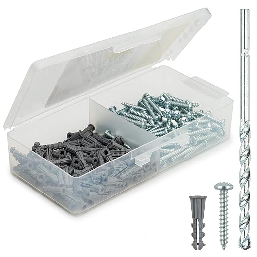 Qualihome Ribbed Plastic Drywall Anchor Kit - Wall Anchors and Screws for Drywall Includes Anchors, & Screws, 1 Masonry Drill Bit - Mounting Tolls for Decor, Furniture, Shelving (6-8 x 7/8")