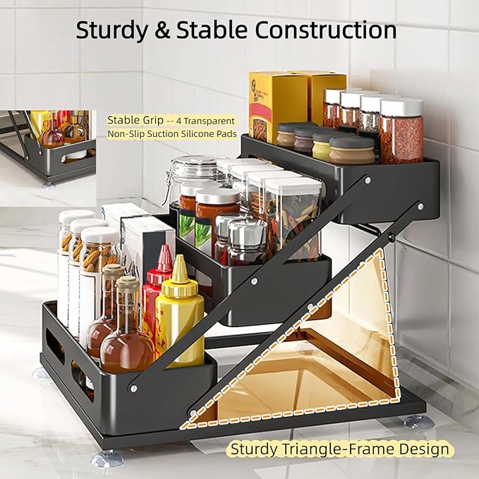 Bokelai Spice Rack 3 Tier Foldable Seasoning Organizer Jars Storage Holder Step Shelf for Cabinet Kitchen Countertop Pantry Coffee Bar Black