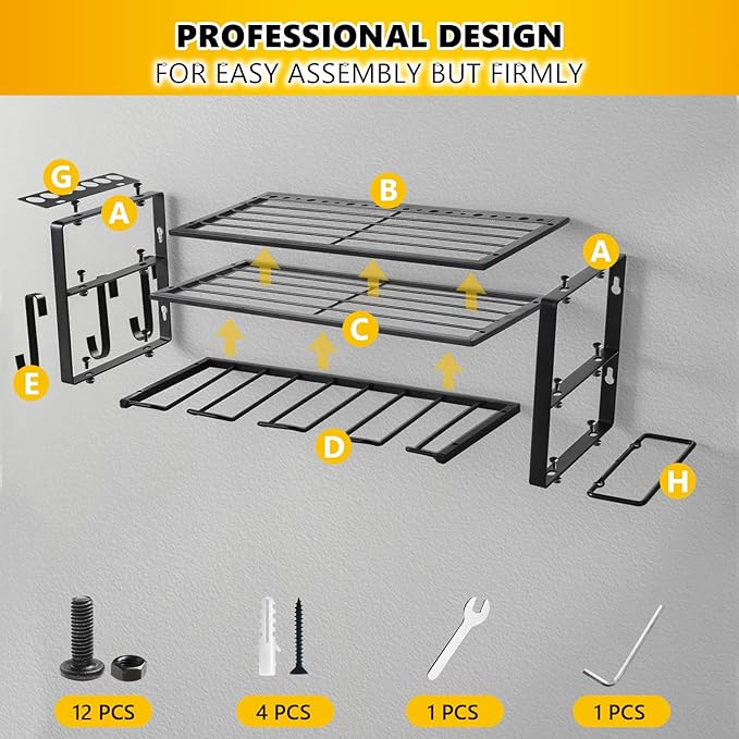 Power Tool Organizer Wall Mount,battery storage rack,Heavy Duty Iron Material, Garage & Workshop Tool Organizer Storage,150Lbs Load 3 Layers Storage Rack with 4 Drill Holders for Drills Cordless Tools