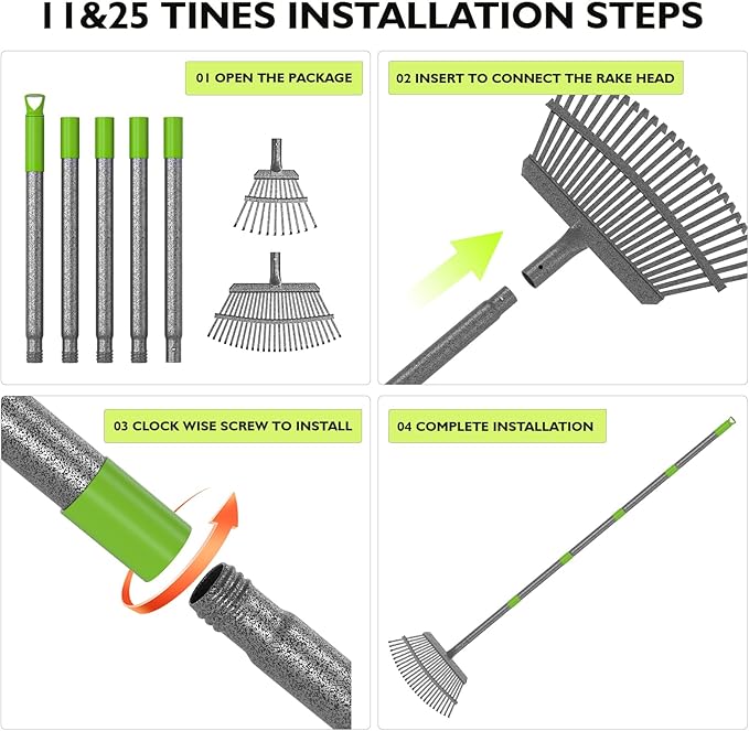 GARDENWORK Rake for Leaves,11&25 Tines Rakes for Lawns,73" Adjustable Garden Rake,Metal Leaf Rakes for Picking Leaves Yard Women Kids Cleanup Grass,Debris,Pine Needles Pick
