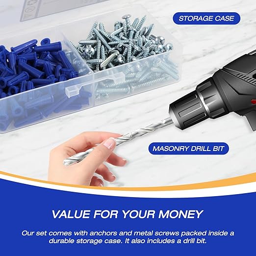 Concrete Anchors and Screws Kit, 201PCS Drywall Anchor Screws, 100PCS #10-12 Plastic Anchors and 100PCS Self Tapping Screw with 1PCS Drill Bit for Stucco Concrete Masonry Brick