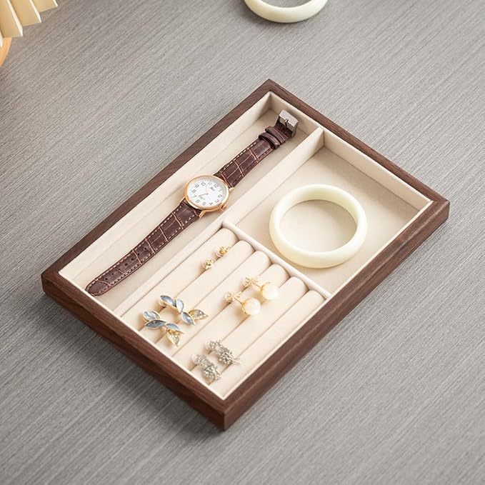 Black Walnut Wood Jewelry Tray with Velvet Lining, Multi-Functional Jewelry Organizer for Rings, Earrings, Necklaces & Bracelets, Drawer Jewelry Storage & Display Tray