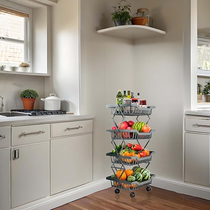 Rolling Utility Cart, Foldable Metal Shelf Organizer with Locking Wheels, Multi-Purpose Storage Rack for Kitchen, Office, Laundry, 14.17" L x 10.71" W x 29.5" H Black 4 Tiers
