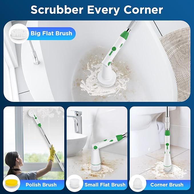 Electric Spin Scrubber, 2024 New Bathroom Cleaner, Power Shower Cleaning Brush with Extendable Handle & 4 Brush Heads, Shower Scrubber for Bathtub Tile Grout Kitchen Window and Floor