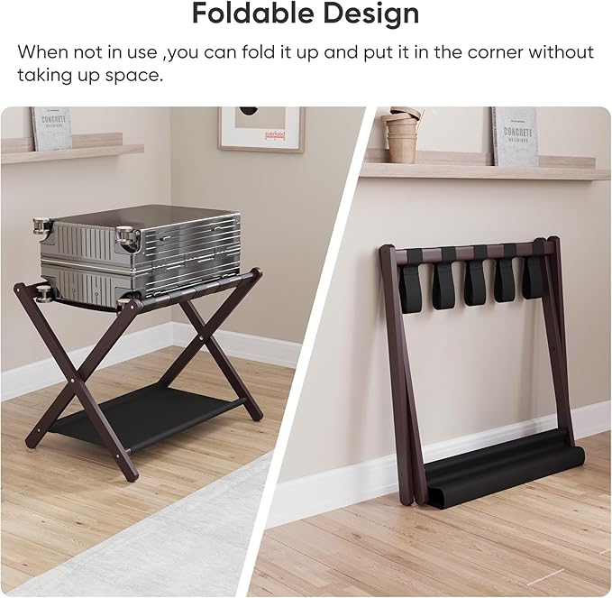 Smuxee Brown Bamboo Luggage Rack for Guest Room, Foldable Suitcase Stand with Storage Shelf, Easily Assembled Luggage Stand with 5 Nylon Straps for Guest Room Bedroom Hotel
