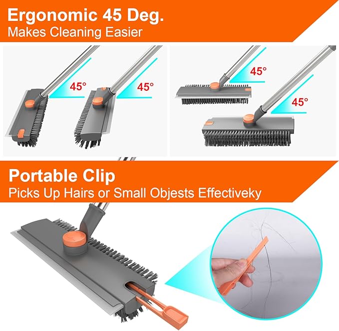 Floor Scrub Brush with Long Handle, BITOPE 3 in 1 Stiff Bristles Deck Brush 360° Rotating Floor Scrubber with Squeegee, Tweezer for Clean Patio, Deck, Tile, Concrete, Balcony Outdoor