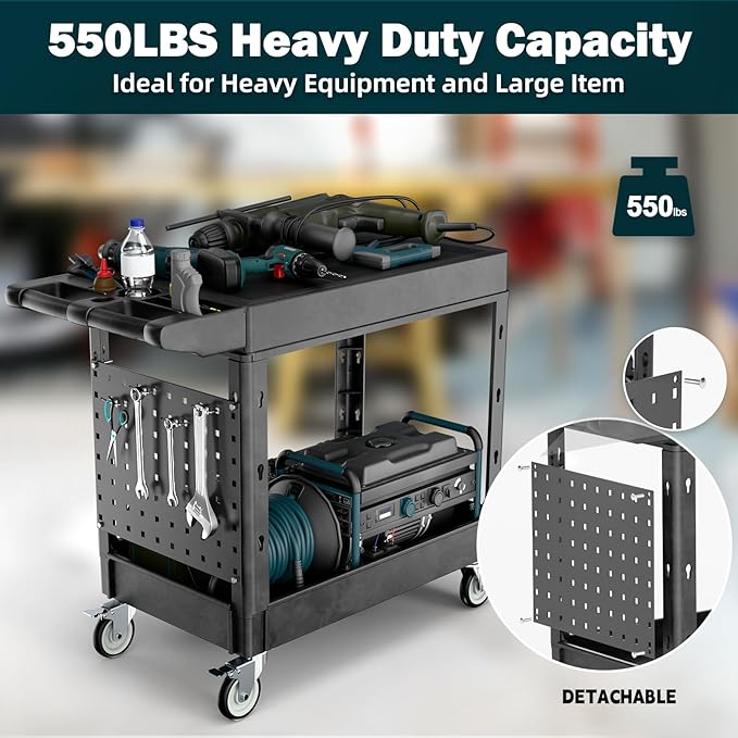 Heavy Duty Utility Service Tool Cart, 39 x 17 in, 2 Shelf Flat Top Rolling Cart with Hanging Board, 550LBS, Swivel Wheels, Ergonomic Handle for Garage, Warehouse, Office, Workshop, Auto Repair