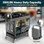 Heavy Duty Utility Service Tool Cart, 39 x 17 in, 2 Shelf Flat Top Rolling Cart with Hanging Board, 550LBS, Swivel Wheels, Ergonomic Handle for Garage, Warehouse, Office, Workshop, Auto Repair
