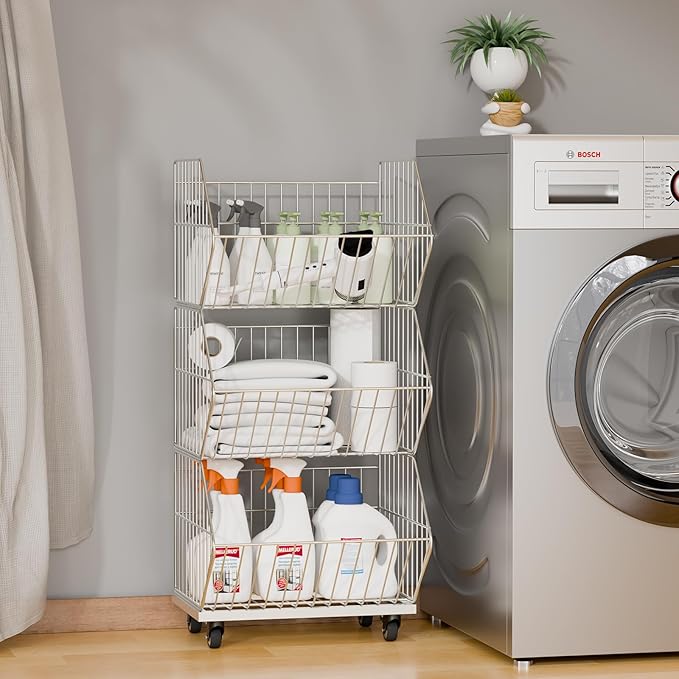 Heavy Duty Standing Metal Shelving Unit, Wire Storage Basket with Wheels, Folding Shoe Racks, Clothing Sweaters Shoes Handbags Organizer for Kitchen Garage Pantry Porch (3-Tier with Base)