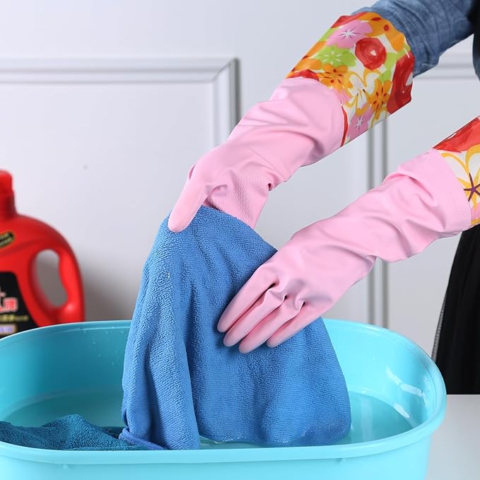 Bamllum 3 Pairs Rubber Cleaning Gloves, Household Kitchen Dishwashing Gloves with Cotton Flocked Liner, Long Cuff 16 Inches, Reusable, Non-Slip (Medium, Blue+Pink+White)