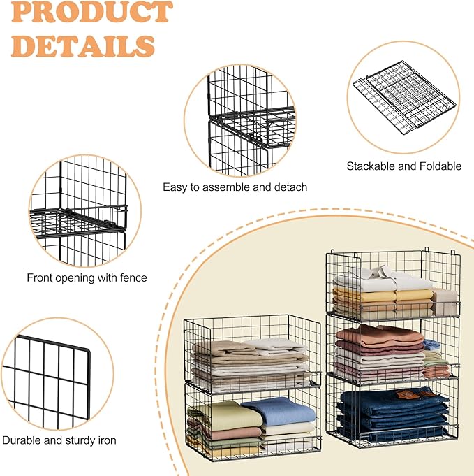 5-Tier Stackable Closet Organizers and Storage Shelves, Closet Shelf Organizer Basket Bins, Foldable Sweater Storage for Closet Organizer System, Black（Patent Pending）