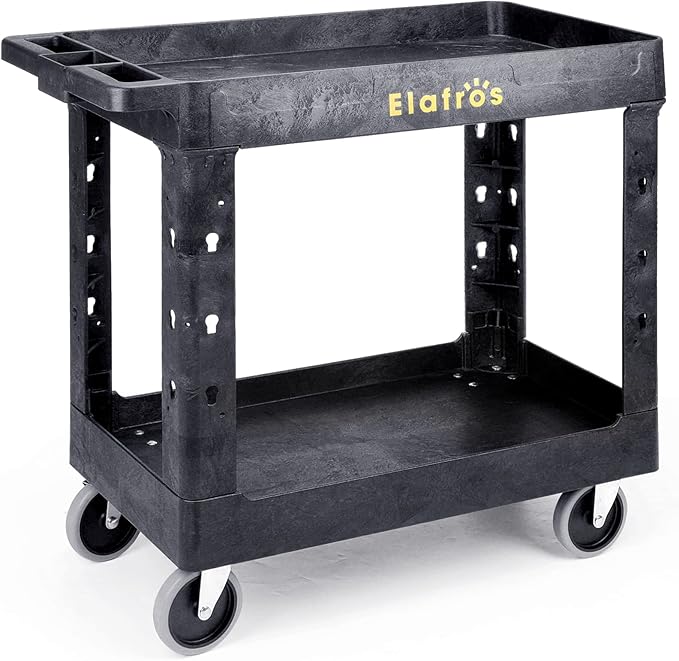 ELAFROS Heavy Duty Plastic Utility Cart 34 x 17 Inch - Work Cart Tub Storage W/Deep Shelves and Full Swivel Wheels Safely Holds up to 550 lbs - 2 Tier Service Cart for Warehouse,Garage, Cleaning