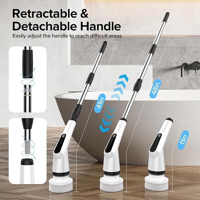 Electric Spin Scrubber, Dreazu IPX7 Bathroom Scrubber with 7 Replaceable Brush Heads & Retractable Handle, 2-Speed Adjustable Shower Cleaner Brush for Bathroom, Bathtub, Kitchen, Tile Floors